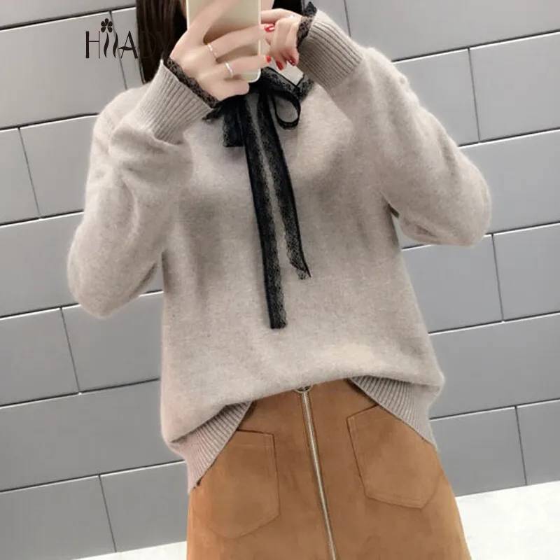 Laides Sweet Solid Sweater Chic Lace Patchwork Knitting Pullovers Turn-dowm Collar Up Knitted Ladies Causal | Женская одежда