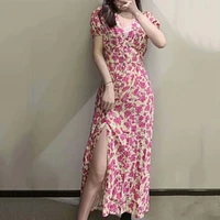 ruched split women dress puff short sleeve light pink floral print v neck midi dress streetwear