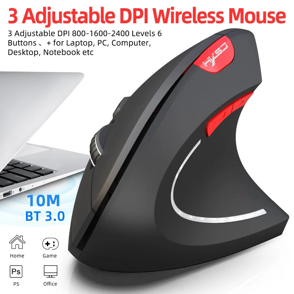 Топ Беспроводная игровая мышь Bluetooth 3,0 мышь 3 регулируемые dpi 800 1600 2400 6 кнопок перезаряжаемая эргономичная Вертикальная мышь
