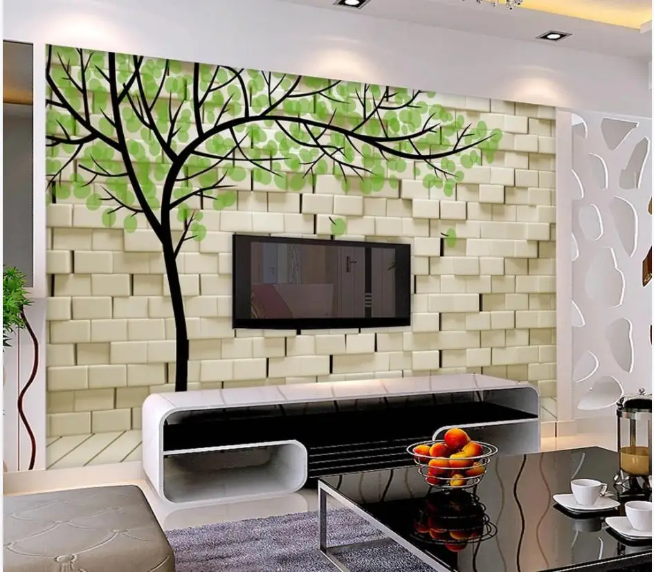 Fresh green wallpapers hand painted big tree brick wall 3D tv background beautiful scenery | Обустройство дома