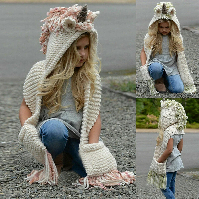 Вязаная зимняя шапка с шарфом и капюшоном для девочек | Аксессуары одежды
