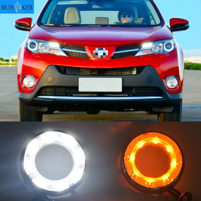 Дневные ходовые огсветильник с отверстием для противотуманной фары, 2 шт., для Toyota RAV4, водонепроницаемый, желтый сигнал поворота, ABS, 12 В, 2012, 2013