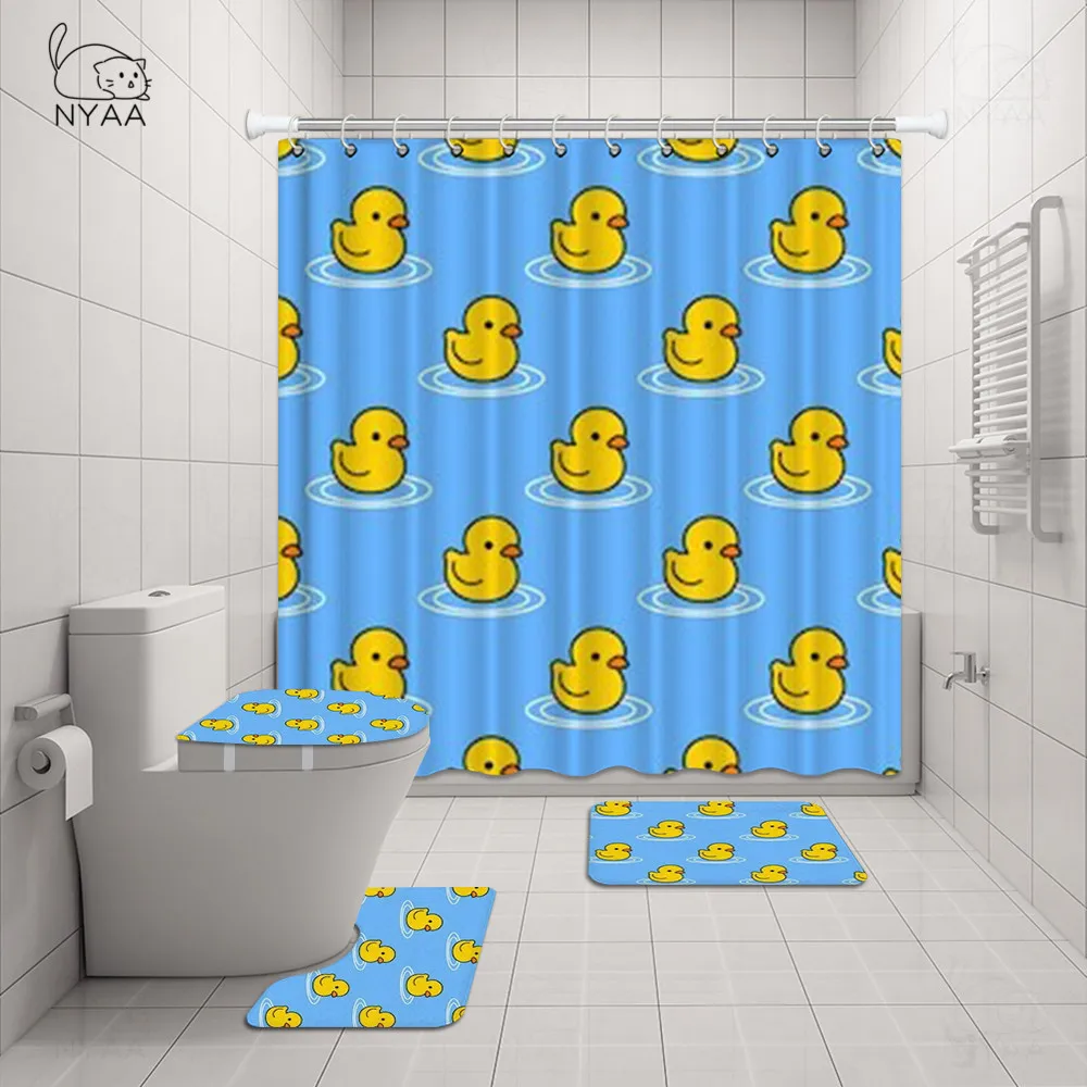 

Cute Animal Yellow Duck 4 In 1 Waterproof Fabric Bathroom Shower Curtain Set With Non Slip Toilet Cover Rugs Mat Home Decoration