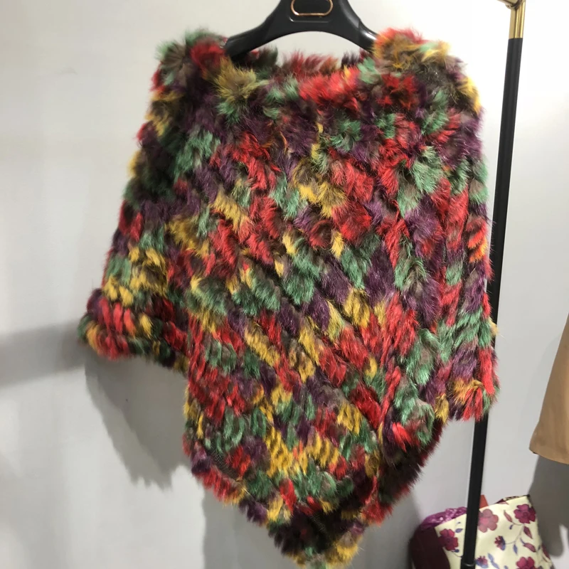Chal de piel Natural de punto para mujer, capa de pelo de conejo colorido, Poncho de Color arcoíris, ropa de calle, gran oferta, invierno, 2022