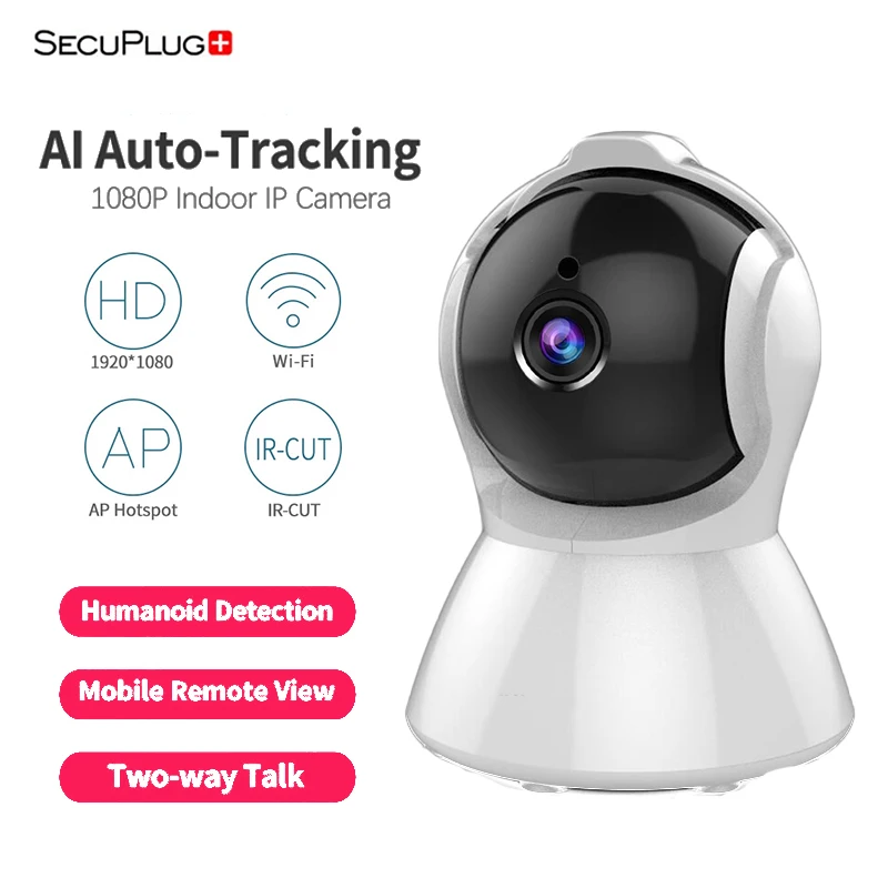 SecuPlug + 2.0MP IP Камера 1080P AI тела автоматическое отслеживание H.265 кабельным