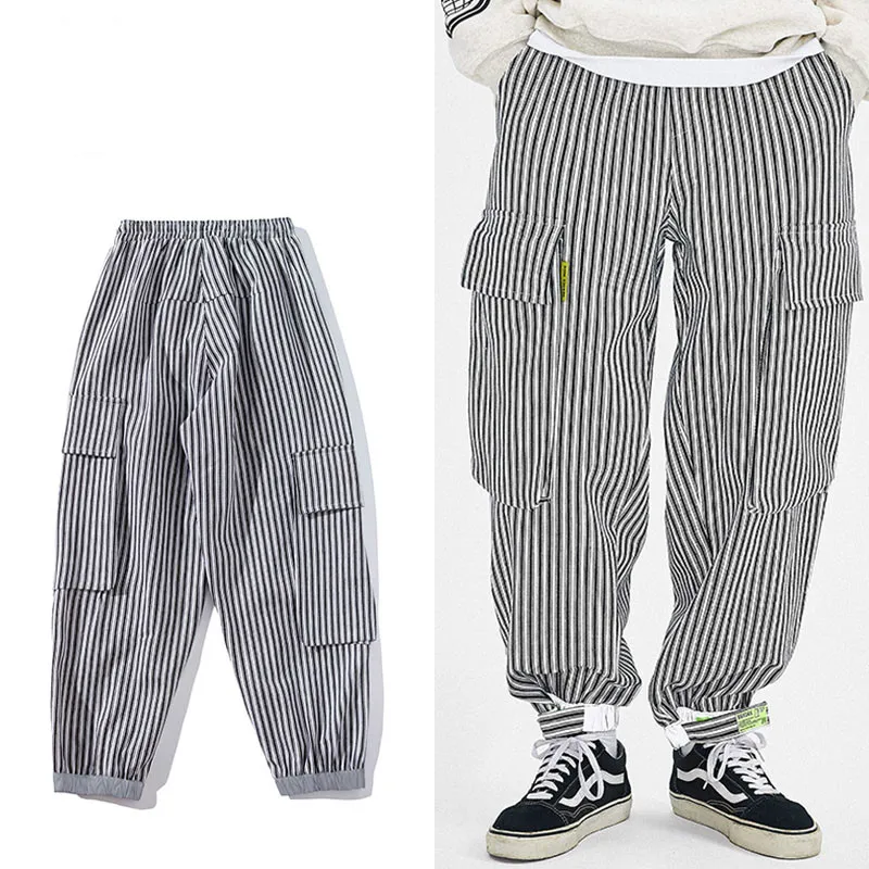 Полосатые брюки-карго мужские свободные штаны в стиле хип-хоп с большим карманом