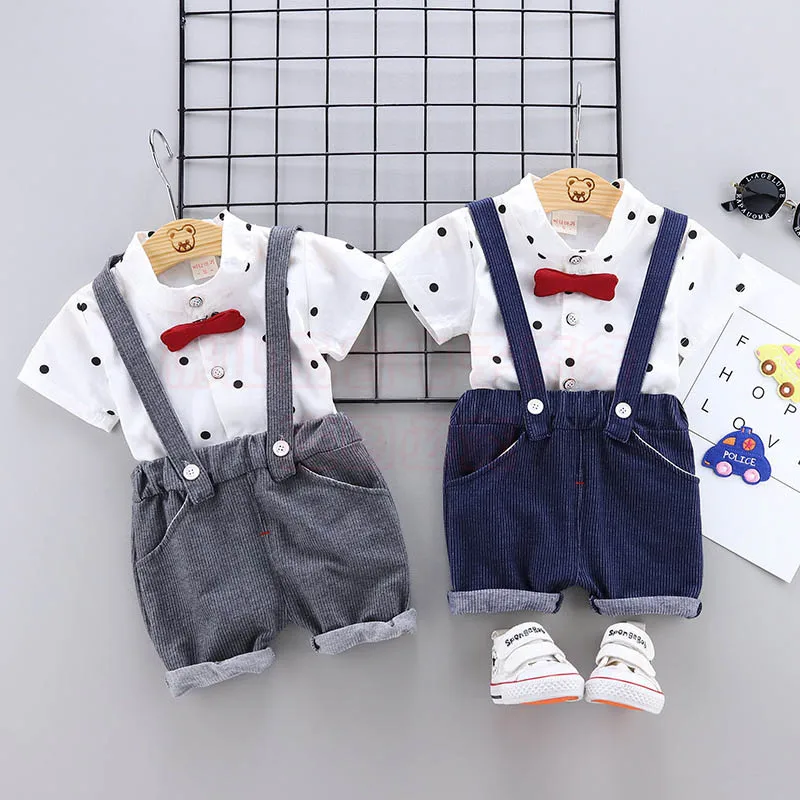 

2021 summer new infant boy dot shirt strap trousers set, fashion cute foreign air butterfly two-piece