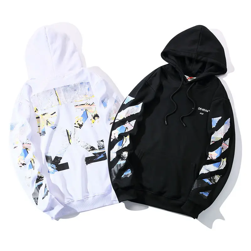 

2021 Autumn and Winter off White Splash-Ink Basic Stripes Arrow Print Wine Red Hooded Sweater Men's and Women's OW Fashion