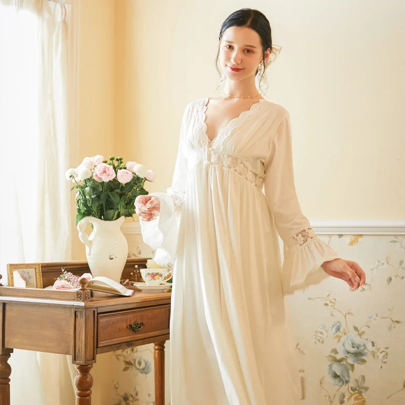 

Autumn Long-Sleeved Cotton Nightgown Solid Night Gown Robe Sets for Women Lace Solid Two-Piece Nightdress Sexy Gown Nightwear