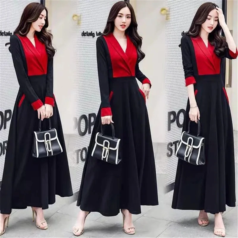

Women Vintage Slim Maxi Dress Big Size Elegant Long Sleeve Evening Party Dress Korean Fashion A-Line Long Dresses Vestidos Mujer