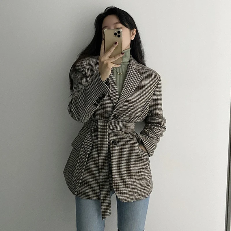 

Women Winter Vintage Short Houndstooth Wool Coat with Belt Slim Overcoat Female Quilted Coats Single Breasted Outerwear