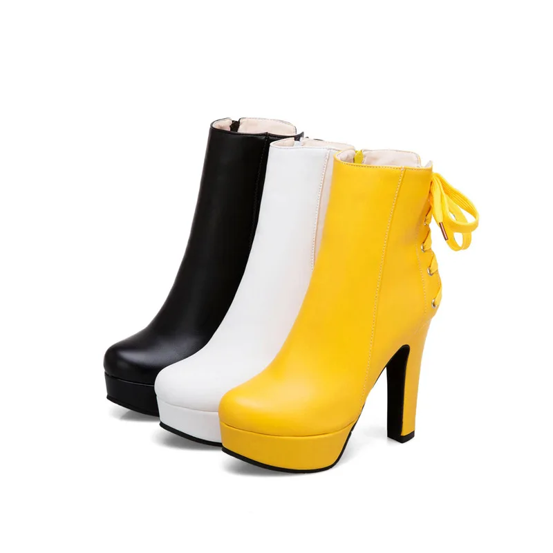 

New 2019 Fashion Women Ankle Boots High Heels Platform Motorcycle Boots Fashion Lace-up White Black Ladies Shoes 569