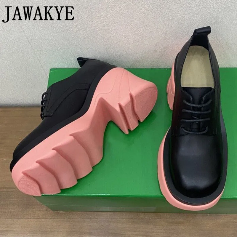 

Punk Style Casual Lace Up Chunky Heel Leather Shoes Women Black Round Toe Thick Bottom Platform Shoes Luxury Fashion Shoes mujer