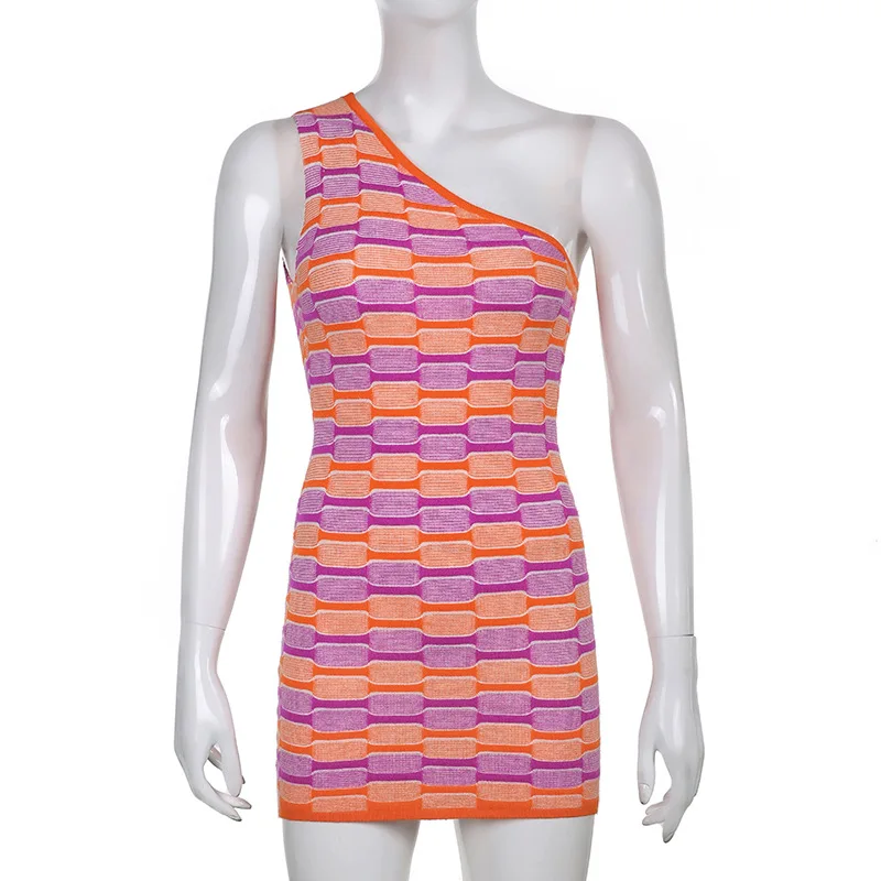 

Printed Knitted Beach Dress Summer Y2K Streetwear Women Vintage Mini Dress One Shoulder Skinny Sundress Fashion Party Clubwear