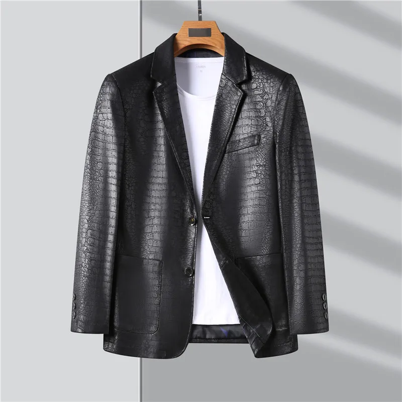 

Men's Leather Suit Coats Crocodile Texture PU Jacket Fashion Blazer Clothing Outerwear Top XXXXL