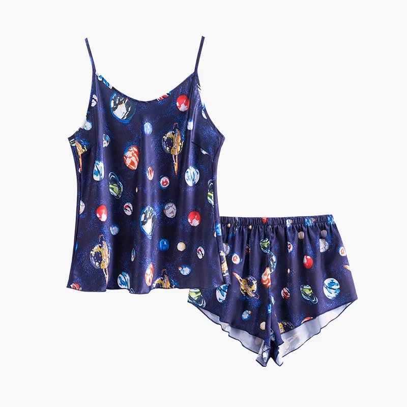 

ChunShang Ice Silk Pajamas Women Summer Sexy Suspender Shorts Thin Section Korean Printed Two-Piece Home Service