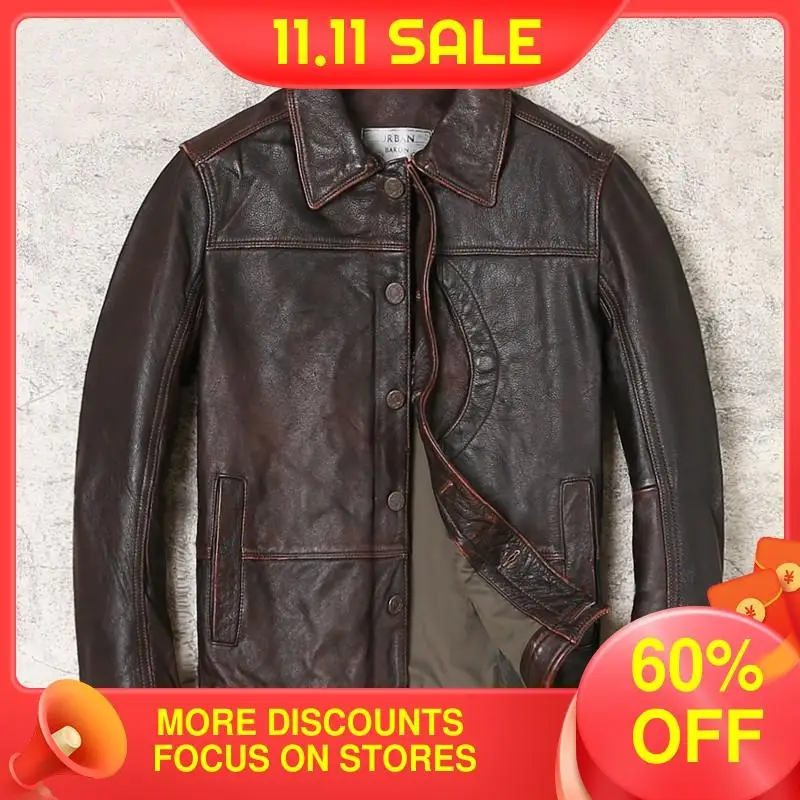 

2021 винтажная коричневая Повседневная Стиль мужская кожаная куртка из натуральной кожи размера плюс 3XL реального из натуральной воловьей ко...