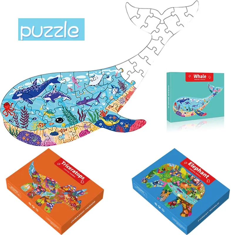 

Animal Shape Puzzles Whale Penguin Triceratops Panda Elephant Lion Jigsaw Montessori Box Educational Toys for Kids Puzzle Gift