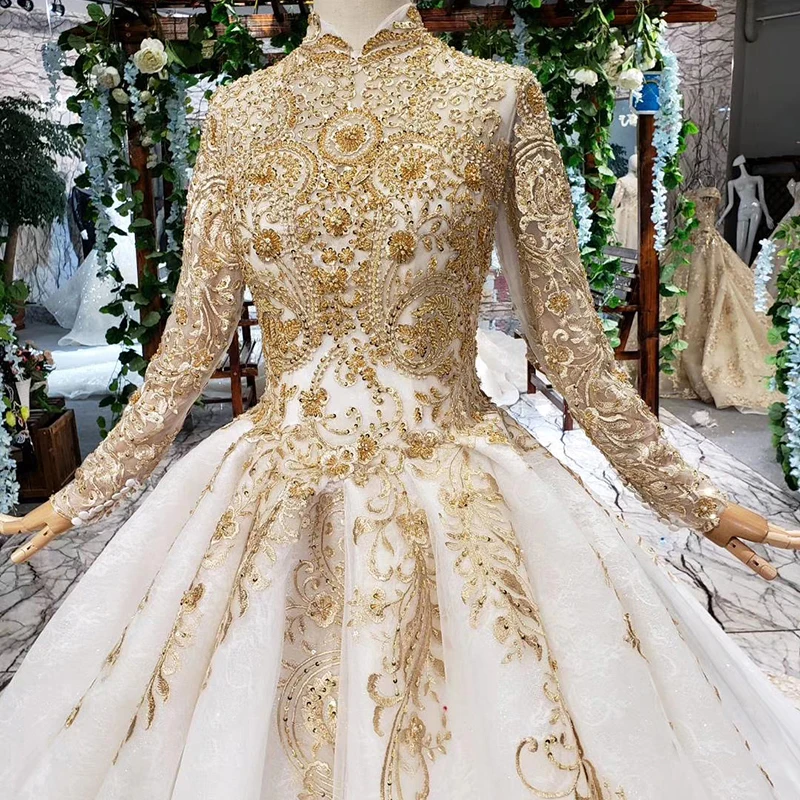 BGW 21230ht Luxury Wedding Dresses Muslim Woman High Neck Long Sleeve Lace Up Floor Length Princess Bridal Dress Golden Mariage