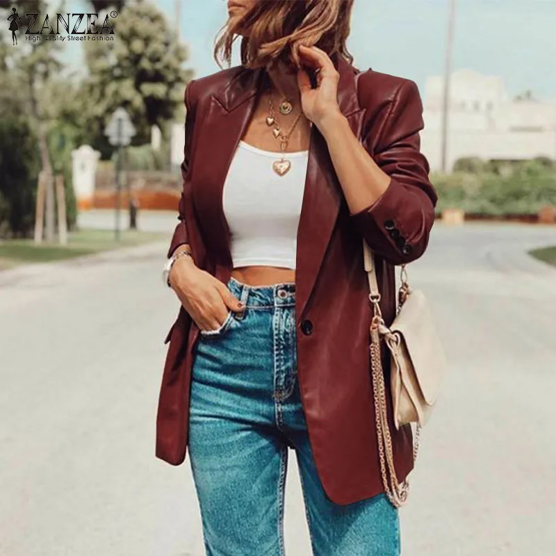 

Elegant Button Leather PU Blazer 2021 Women Fashion Long Sleeve Lapel Coat ZANZEA Autumn Office Work Suits Female Solid Overcoat