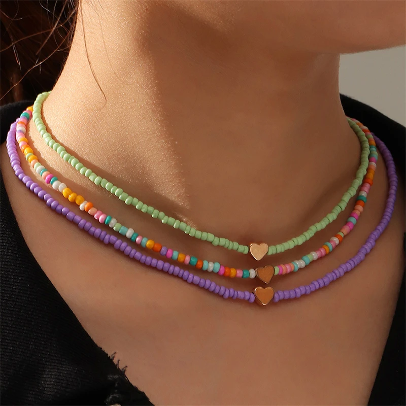 

Bohemian Creative Candy Color Rice Bead Heart Necklace 3-piece Set Personalized Simple Beaded Necklace Women's Party Jewelry