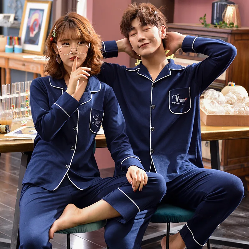 

New Lovers Pajamas Long-sleeved Cotton Women Fresh Leisurewear Suit Pyjama Femme Couple Pajamas Pigiama Uomo Bathrobe Men