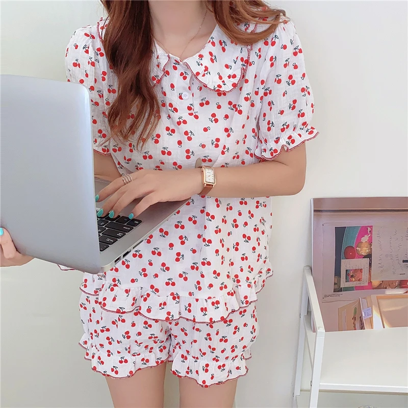 

CBAFU short sleeve cherry pajamas set women home suit short sleeve pullovers shorts 2 piece set sweet cotton sleepwear M741
