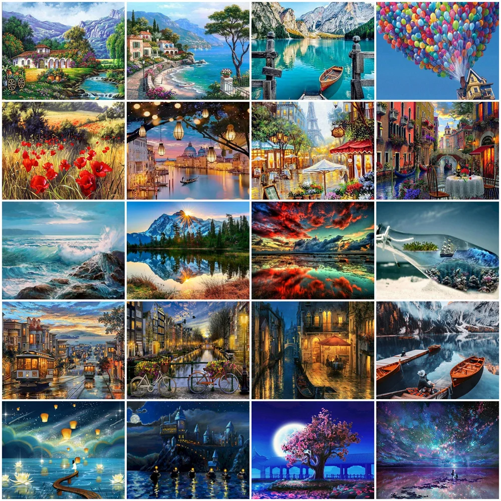 

HUACAN DIY Picture By Numbers Town Landscape Wall Art HandPainted Unique Gift Oil Painting By Number River For Living Room