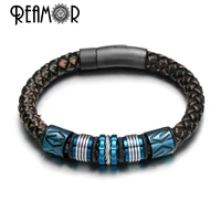 reamor retro textured cowhide genuine leather bracelet men 316l stainless steel blue cnc beads handmade bracelets woven bangle