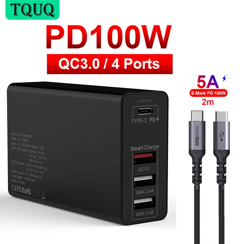 4-портовый Блок питания TQUQ 100 Вт USB C PD100W PPS 65 45 20 адаптер быстрой зарядки для MacBook iPhone