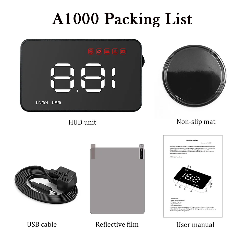 

5" Car HUD OBD OBD2 Head Up Display Digital Speedometer Windshield Projector Fatigue Alarm Fuel Speed Gauge A8 A1000