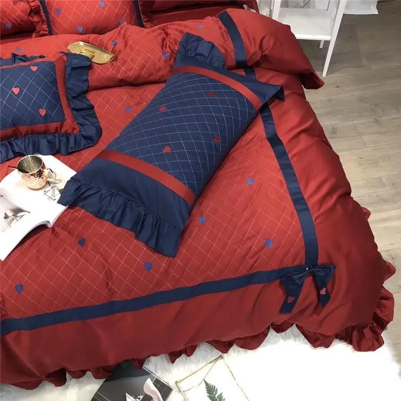 

100%Cotton Red Blue Bedding Set Queen King size Bed sheet set Fitted sheet Bed Duvet cover parrure de lit ropa de cama