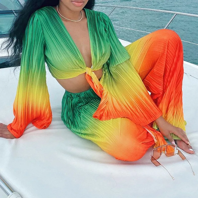 

Long Sleeve Rainbow Sexy Lace Up Crop Top Printed Casual Pants Ruched Two Piece Set Women's Vintage Striped Matching Sets Autumn