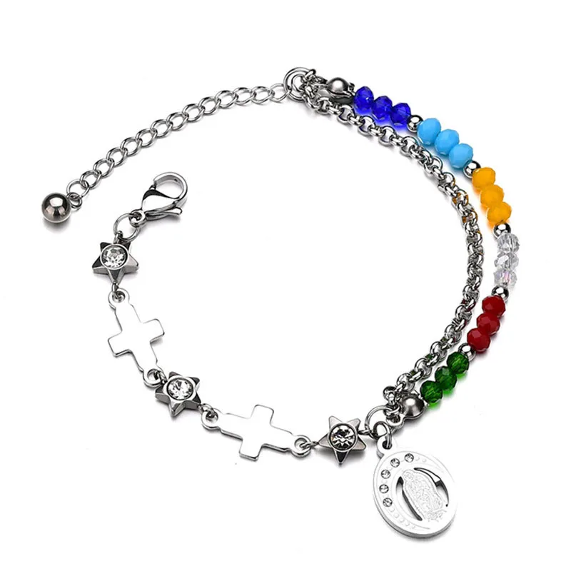 

Religious Jewelry Stainless Steel Inlaid Crystal Virgin Mary Cross Bracelet Colorful Frosted Beads Beaded Bracelet