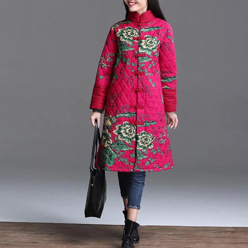 Китайская Красная Цветочная женская зимняя теплая длинная куртка винтажное