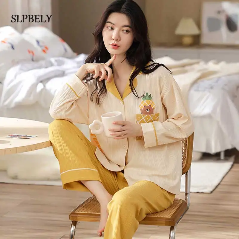 

SLPBELY Cotton Women Pajamas Set Homesuit Autumn Lapel Long Sleeve Cardigan Nightwear Pyjamas Sleepwear Home Clothing Loungewear