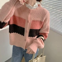 single breasted round neck cardigan sweater women 2021 new loose long sleeved contrast color stitching top korean version wm