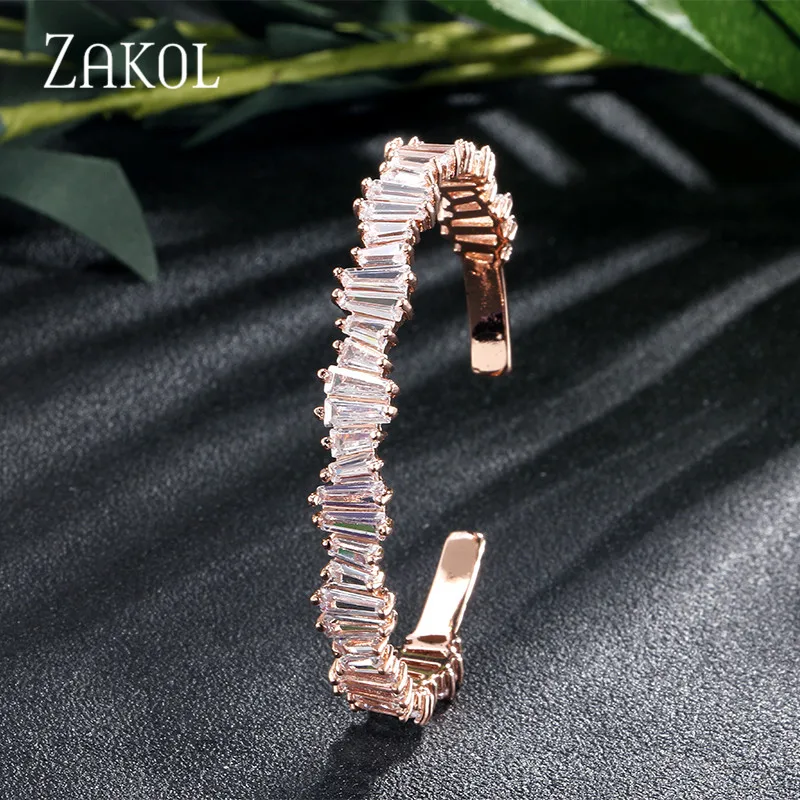 ZAKOL модный AAA Браслет с кубическим цирконием багет белый цвет манжета медная основа Свадебные украшения для женщин FSBP138 - Окраска металла: Rose Gold Color