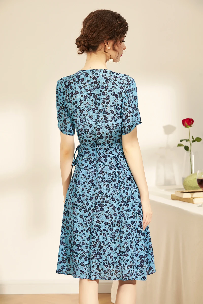

100% Natural Silk Women's Runway Dresses V Neck Short Sleeves Printed Sash Belt Fashion Casual Summer Dresses