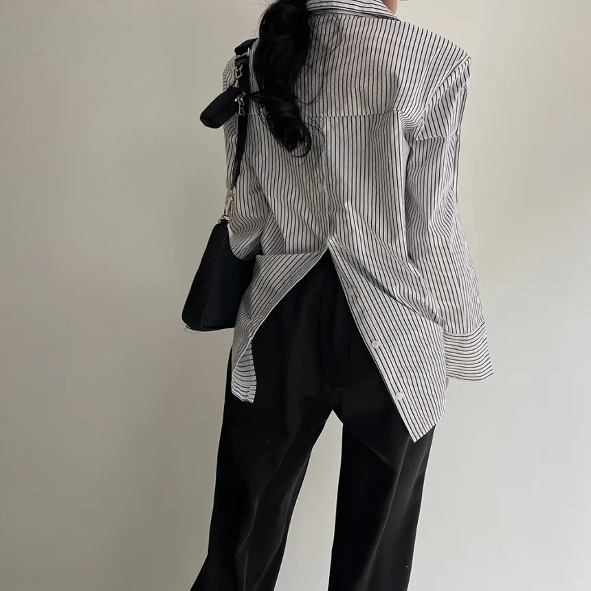 

ZCSMLL Blue Blouses Korean Lapel Back Slit Design Feeling Loose Long-sleeved Striped Shirt Top Women 2021 Spring Summer