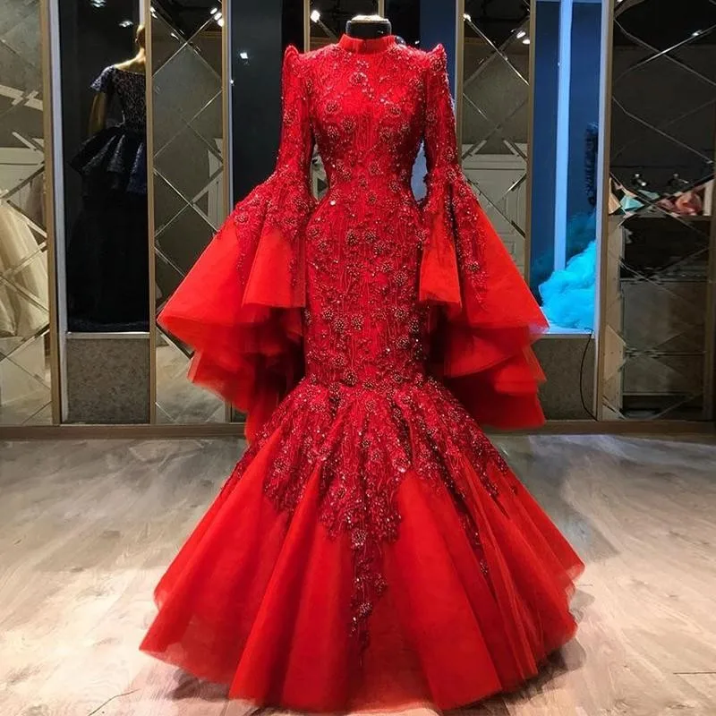 

Red Mermaid Muslim Evening Dresses High Neck Lace Appliqued Sequins Full Sleeve Beading Formal Prom Dress Plus Size