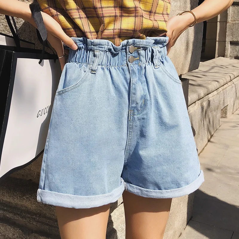 

Summer Wide Leg Loose Shorts Women Elastic Waist Bud Shaped Apricot Daddy Shorts Women High Waist Casual Korean Style Jeans