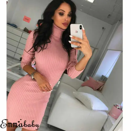 Elegant Women High Neck Slim Knitted Solid Mini Dresses Fashion Basic Long Sleeve Winter Autumn Warm Sweater Bodycon | Женская одежда