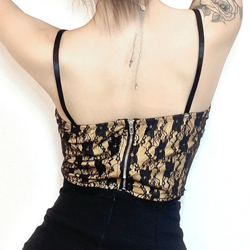 

Women Spaghetti Strap Crop Top Double Layer Floral Lace Bow Zip Back Camisole