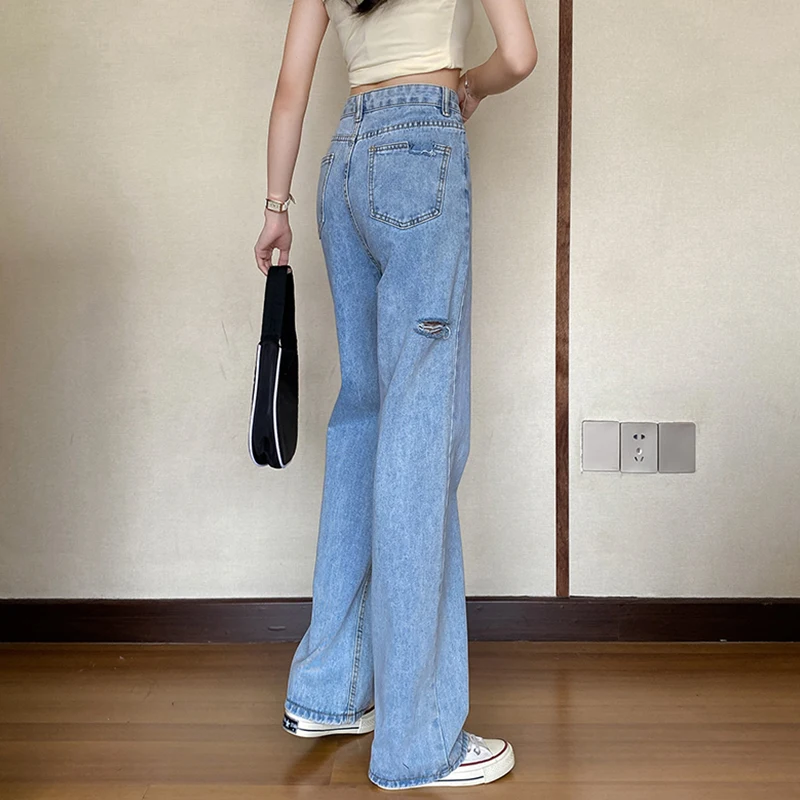 

LY VAREY LIN Summer Casual Female High Street Blue Ladies Denim Pants Women High Waist Wide Leg Washed Ripped Hole Long Jeans