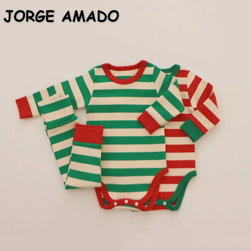 

Весенний комбинезон в полоску для маленьких мальчиков и девочек, зеленый или красный цвет, модель E2990 в Корейском стиле, 2022