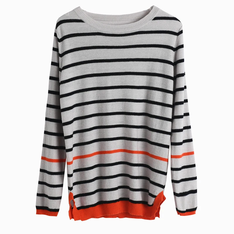 2019 New 100% Cashmere Wool Round Neck Loose Contrast Striped Knit Sweater Top Quality Women/Ladies O-neck Knitting Pullover | Женская