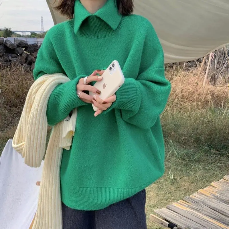 

Women Fashion Solid Knit Sweaters Fall Winter Long Sleeve Polo Collar Thick Knitted Sweater Fashion Loose Female Pullovers Tops