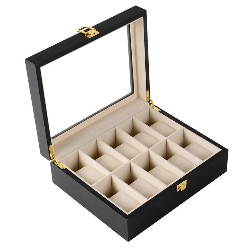 10grids black Для нового IPad 2/3/5/6/10/12 слотов часы ящик для хранения с красные, черные деревянные Стекло чехол браслет Дисплей шкатулка Подставка под часы шкатулка - Цвет: 10grids black