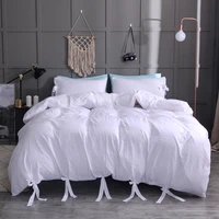 soft washed bedding set white bowknot girls duvet cover set pillowcase bed double king size for adults solid color bedclothes